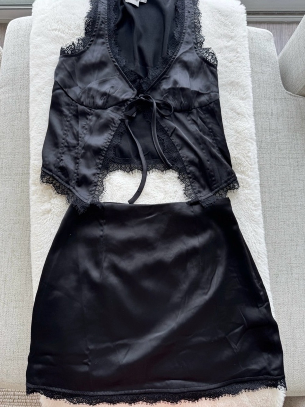 Princess Polly Black Satin Lace-Trim Camisole & Skirt Set